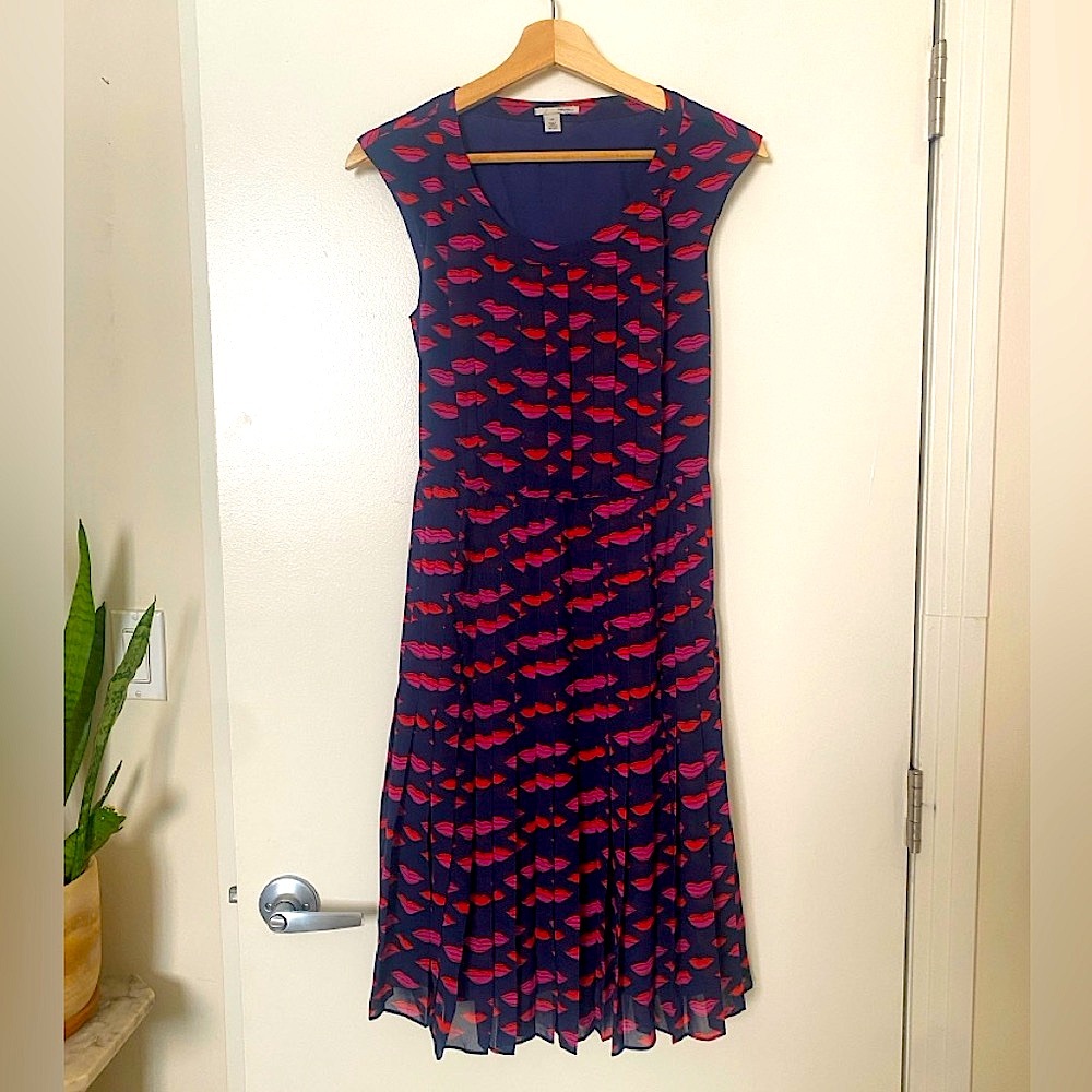 Halogen Navy and Pink Lip Patterned Pleated Dress
